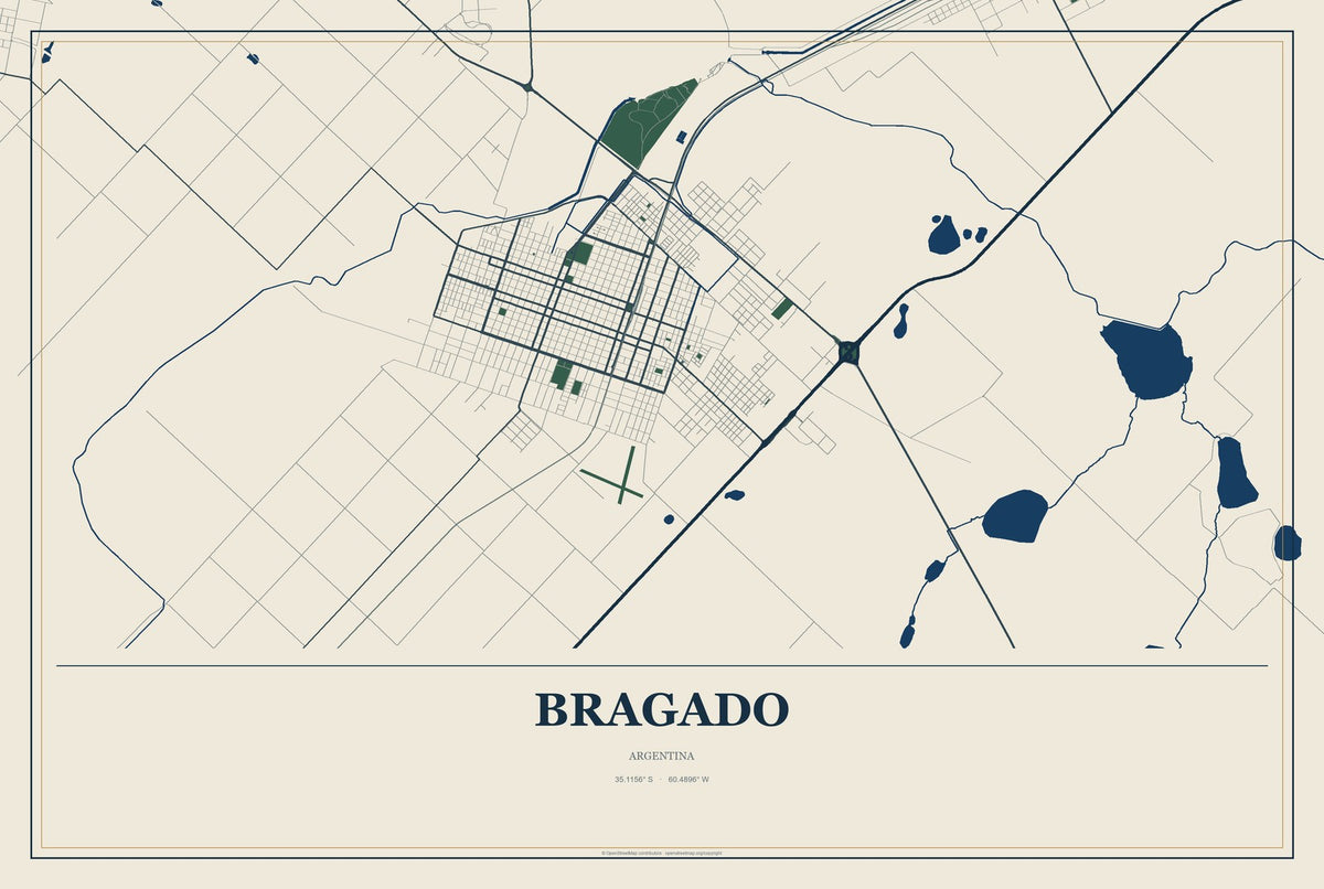Bragado, Argentina City Map Aluminum Sign in Coastal Cutout style