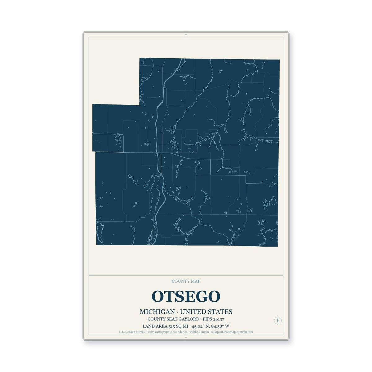 Otsego County, Michigan Map Aluminum Sign in Coastal Cutout style
