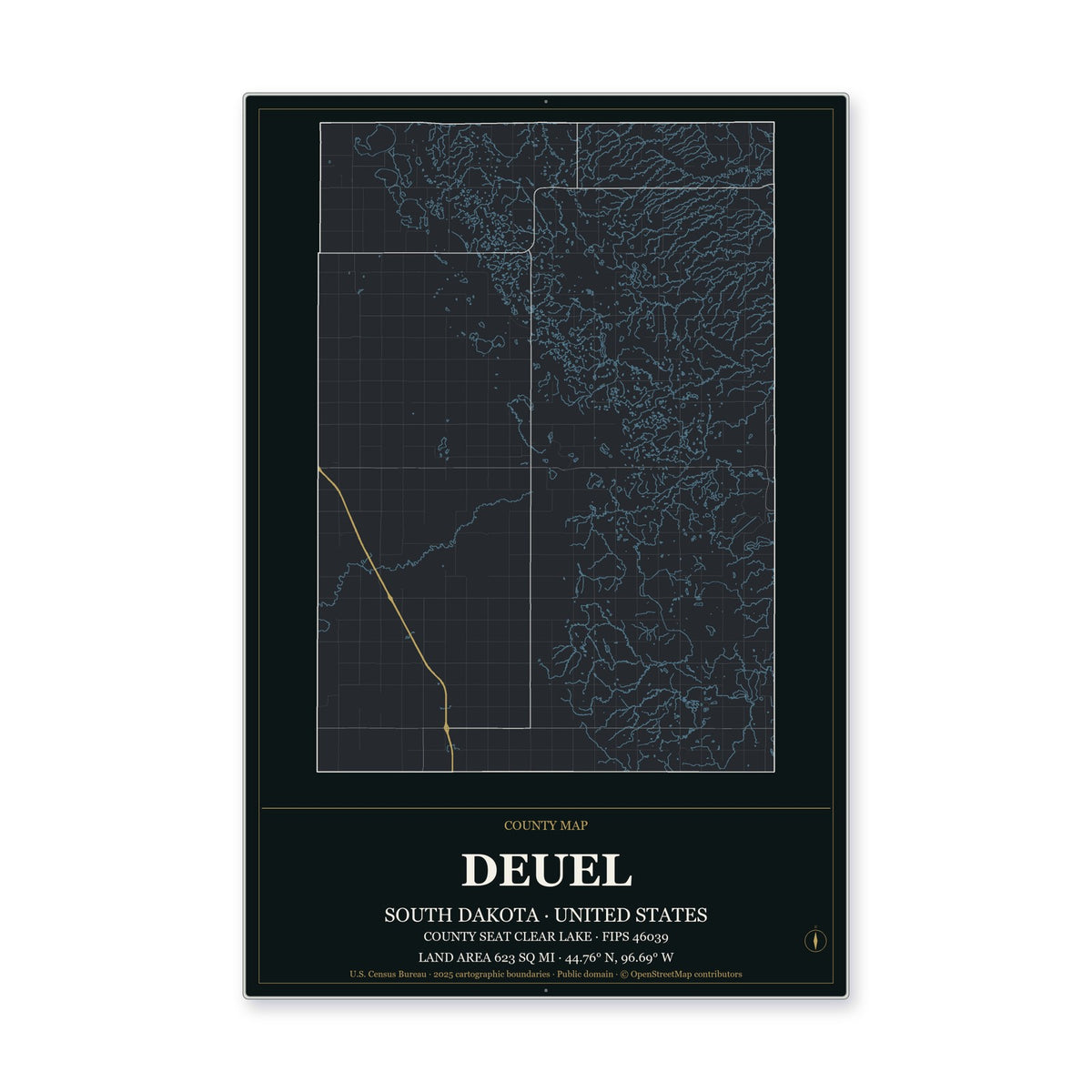 Deuel County, South Dakota Map Aluminum Sign in Metropolitan Noir style