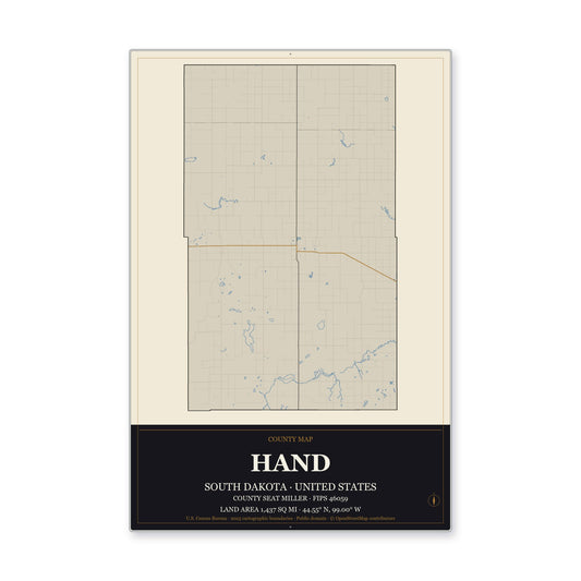 Hand County, South Dakota Map Aluminum Sign in Museum Plaque style
