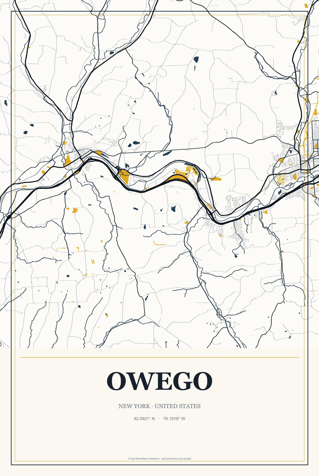 Owego, New York City Map Aluminum Sign in Citrine Modern style