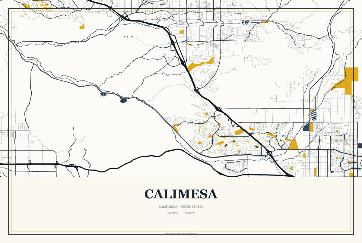 Calimesa, California City Map Aluminum Sign in Citrine Modern style