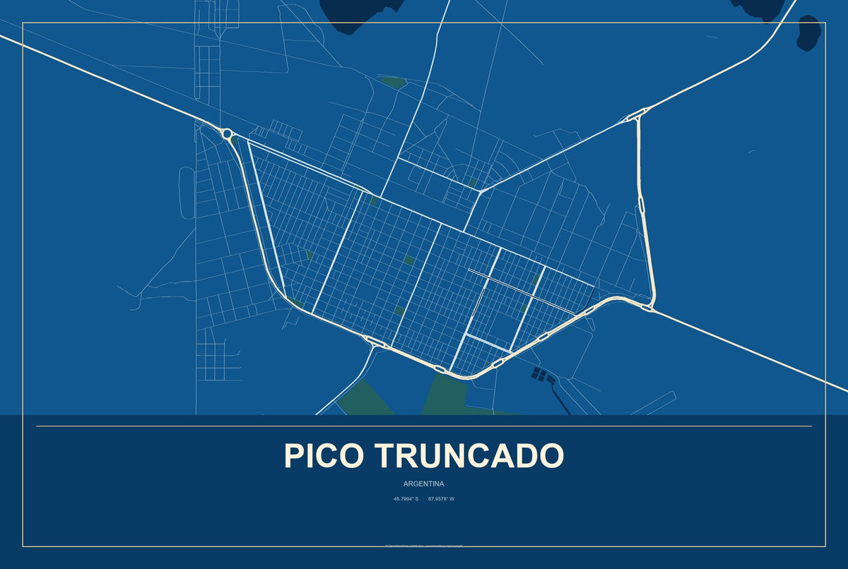 Pico Truncado, Argentina City Map Aluminum Sign in Harbor Cobalt style