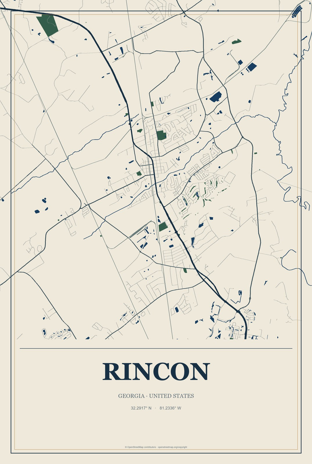 Rincon, Georgia City Map Aluminum Sign in Coastal Cutout style