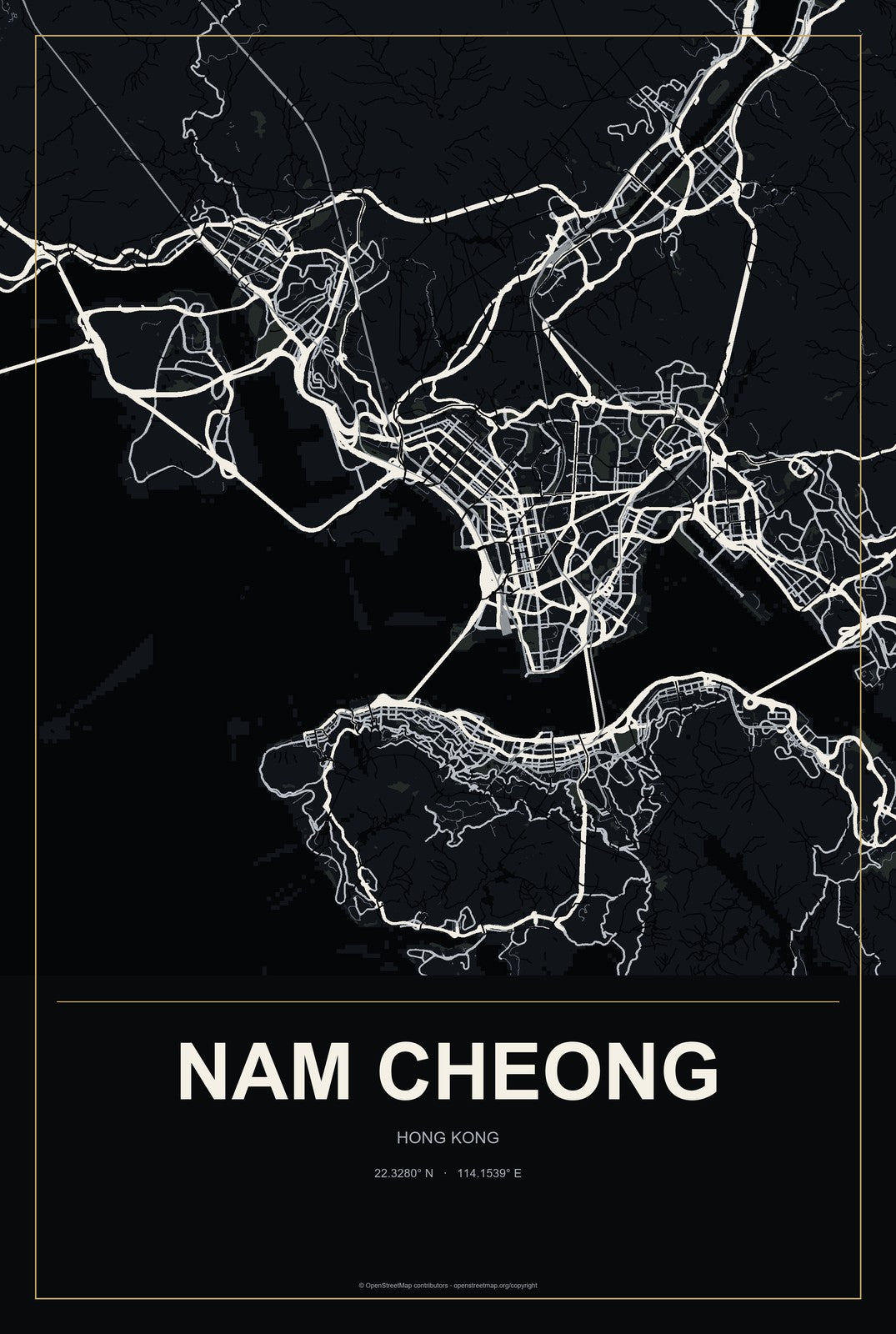 Nam Cheong, Hong Kong City Map Aluminum Sign in Metropolitan Noir style