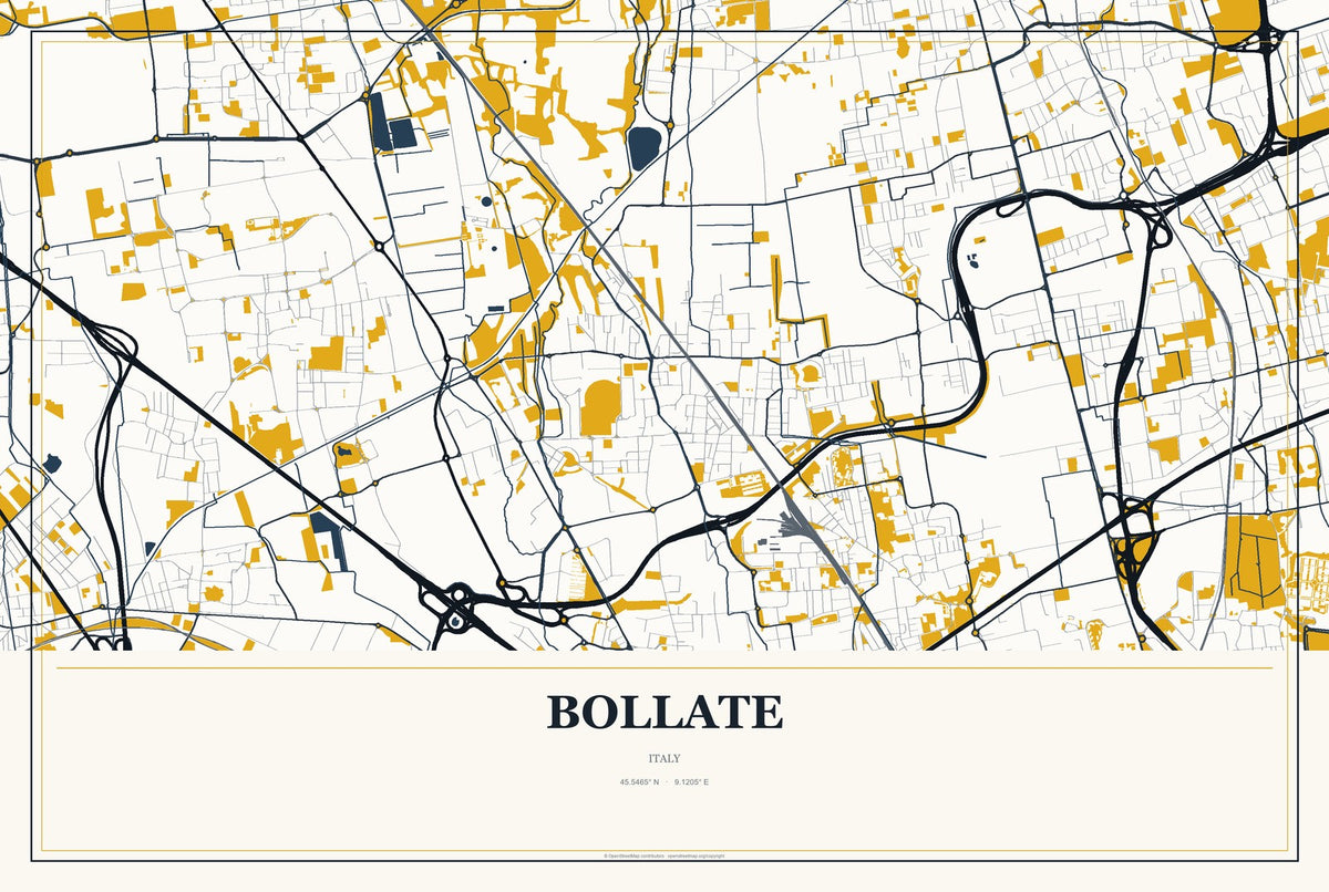 Bollate, Italy City Map Aluminum Sign in Citrine Modern style