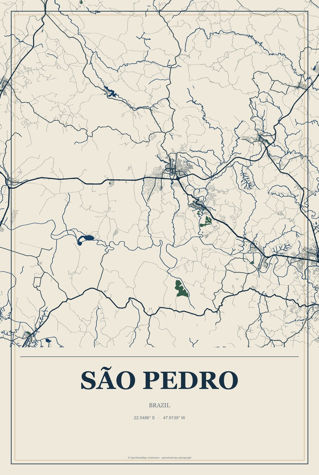 São Pedro, Brazil City Map Aluminum Sign in Coastal Cutout style