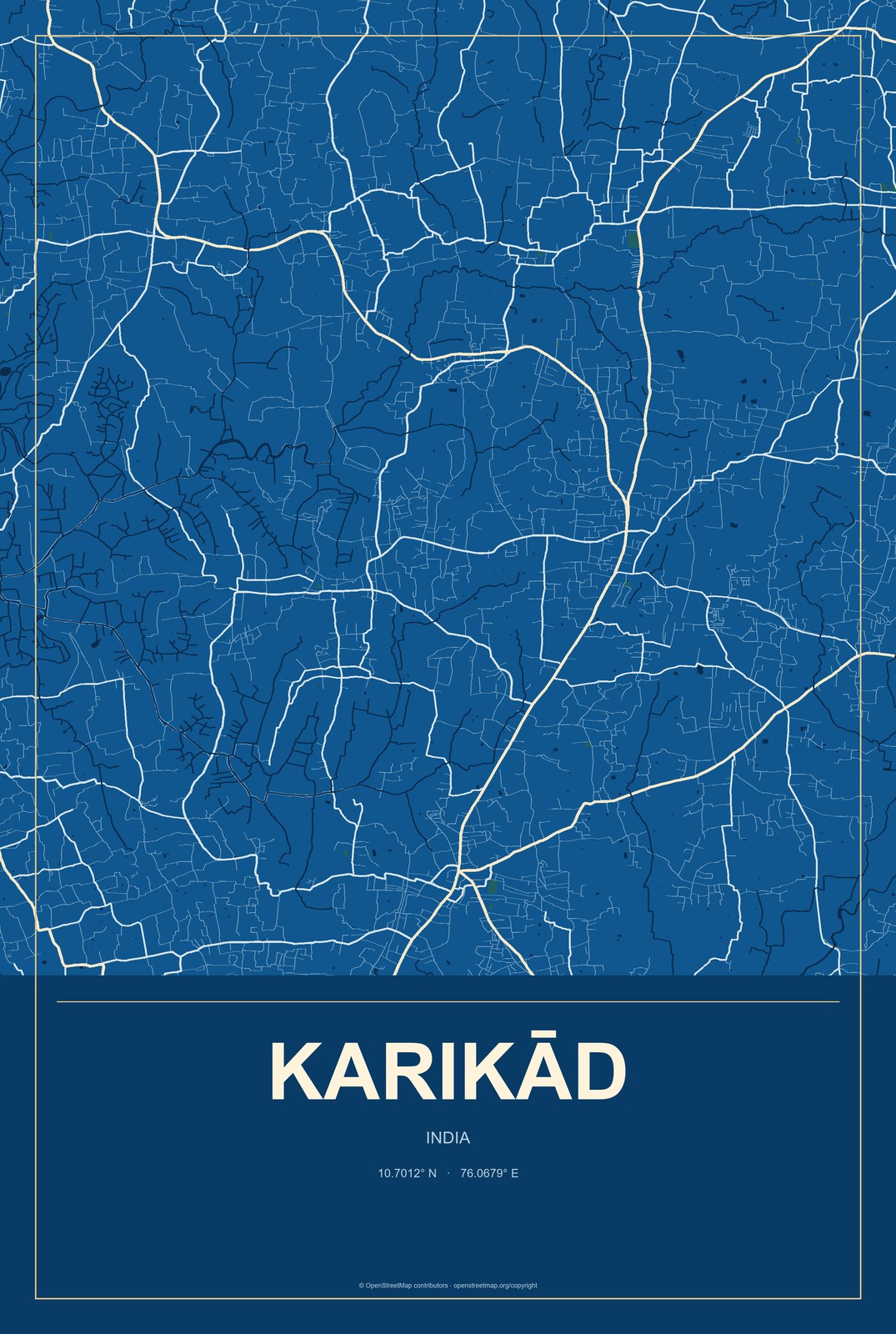Karikād, India City Map Aluminum Sign in Harbor Cobalt style