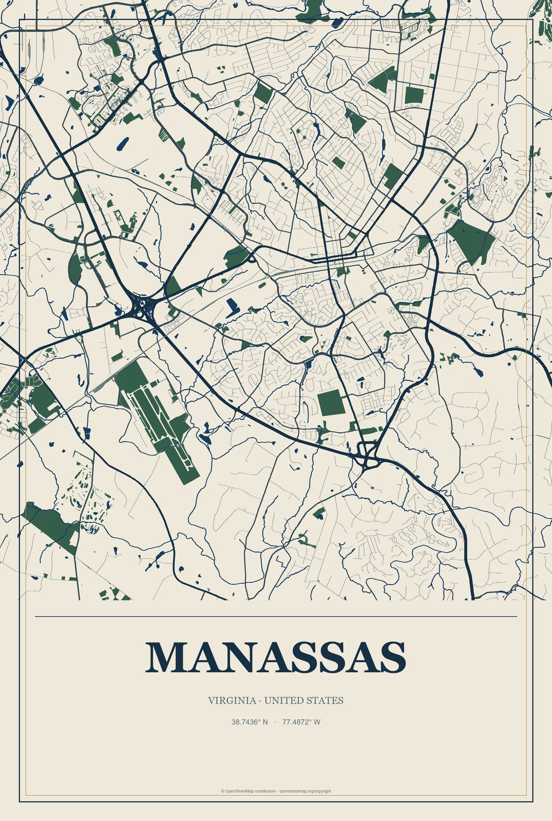 Manassas, Virginia City Map Aluminum Sign in Coastal Cutout style