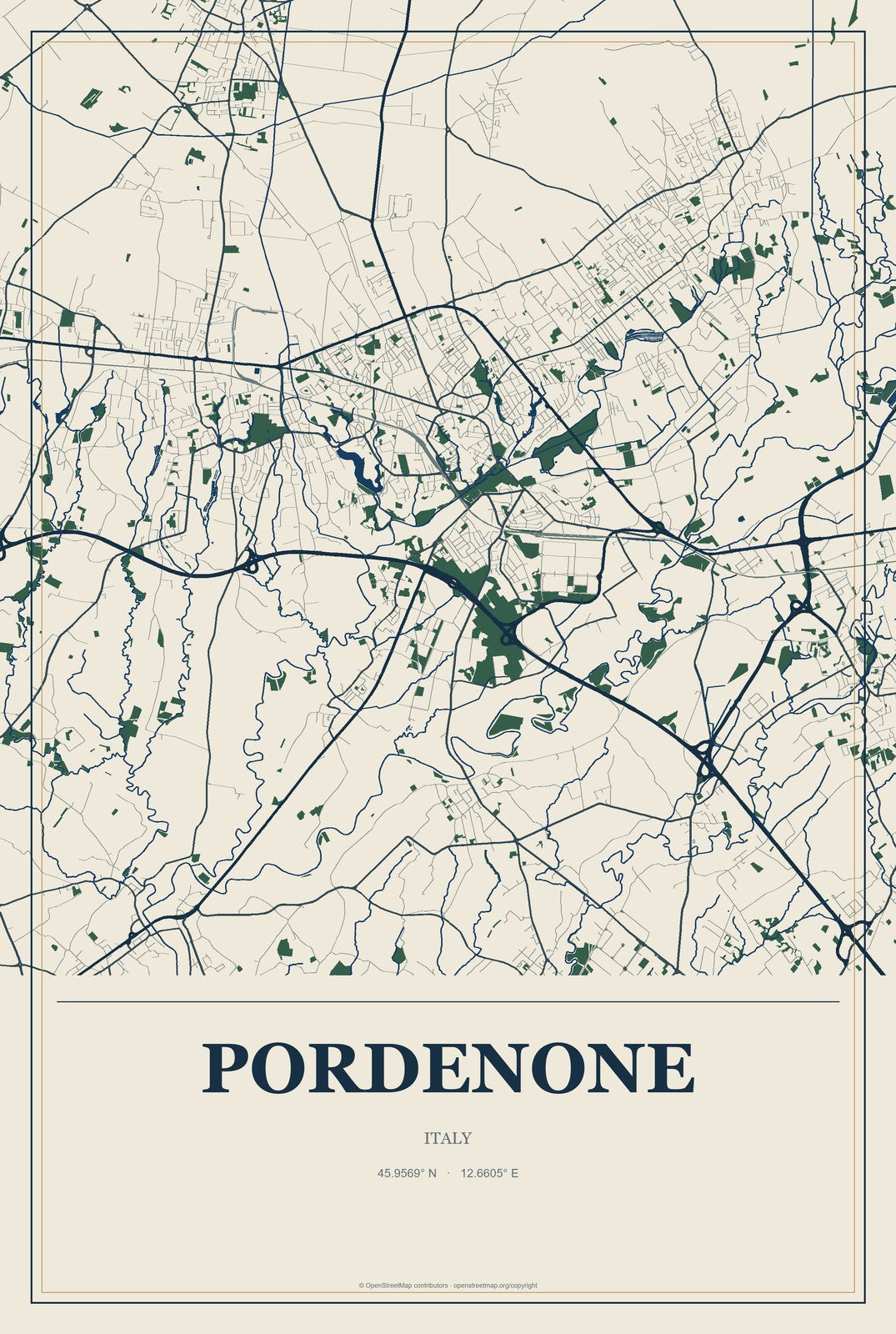 Pordenone, Italy City Map Aluminum Sign in Coastal Cutout style