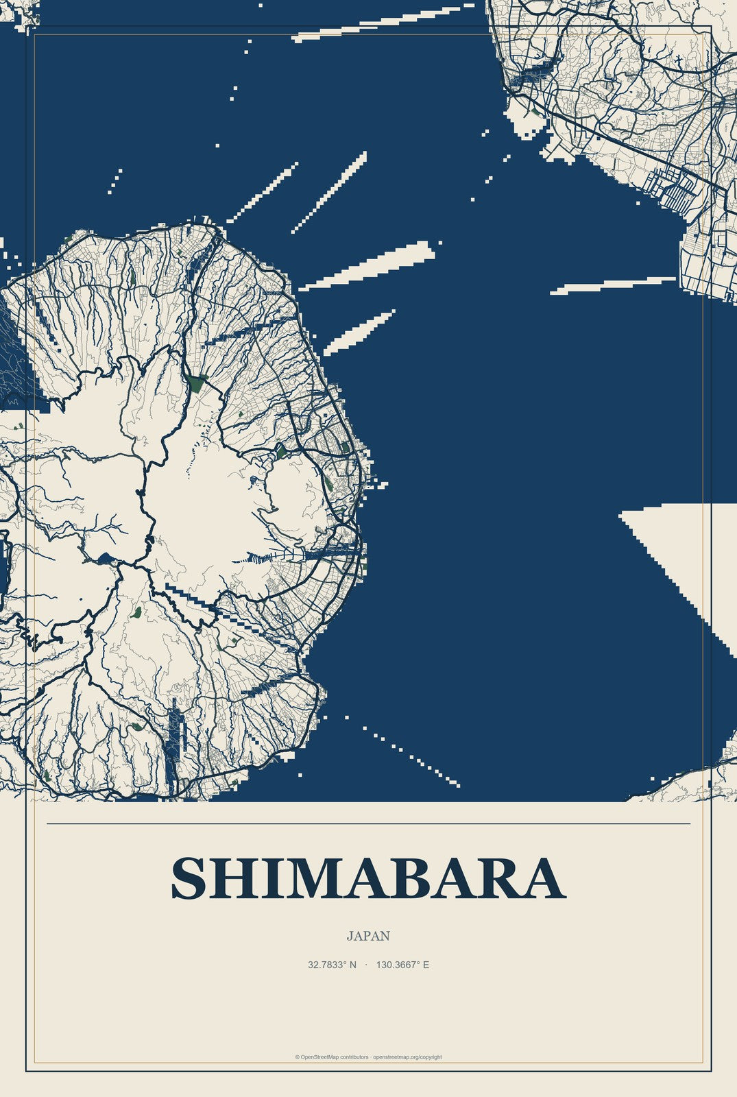 Shimabara, Japan City Map Aluminum Sign in Coastal Cutout style