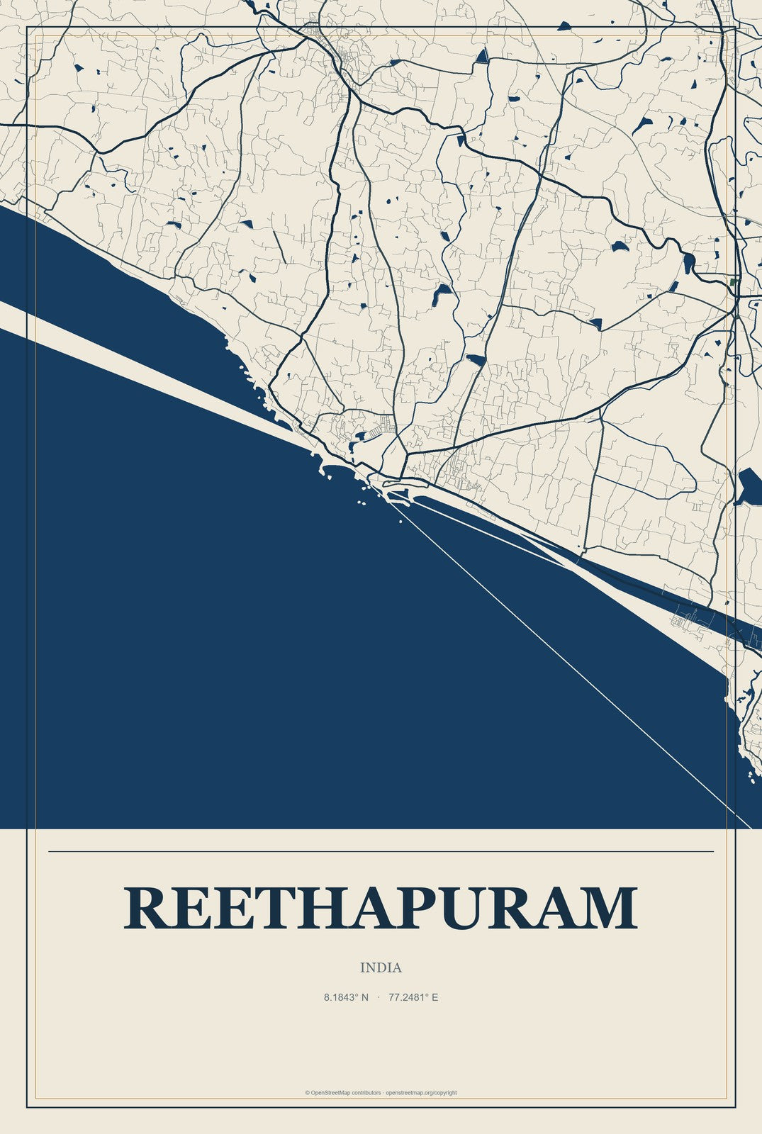 Reethapuram, India City Map Aluminum Sign in Coastal Cutout style