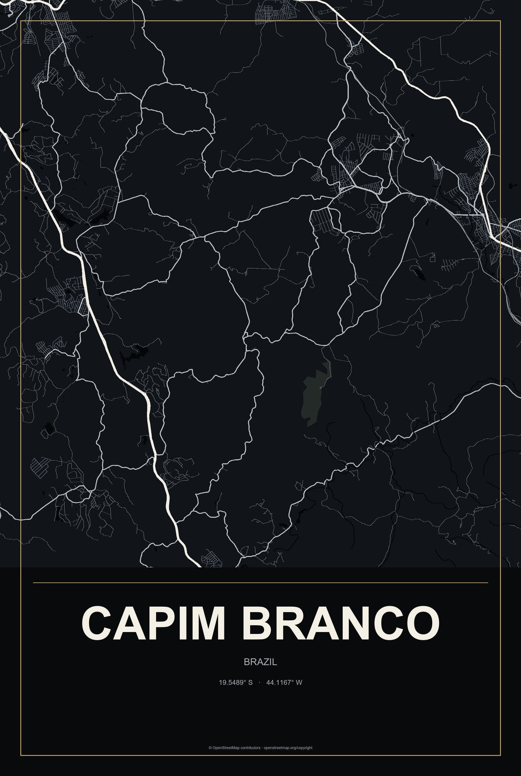 Capim Branco, Brazil City Map Aluminum Sign in Metropolitan Noir style