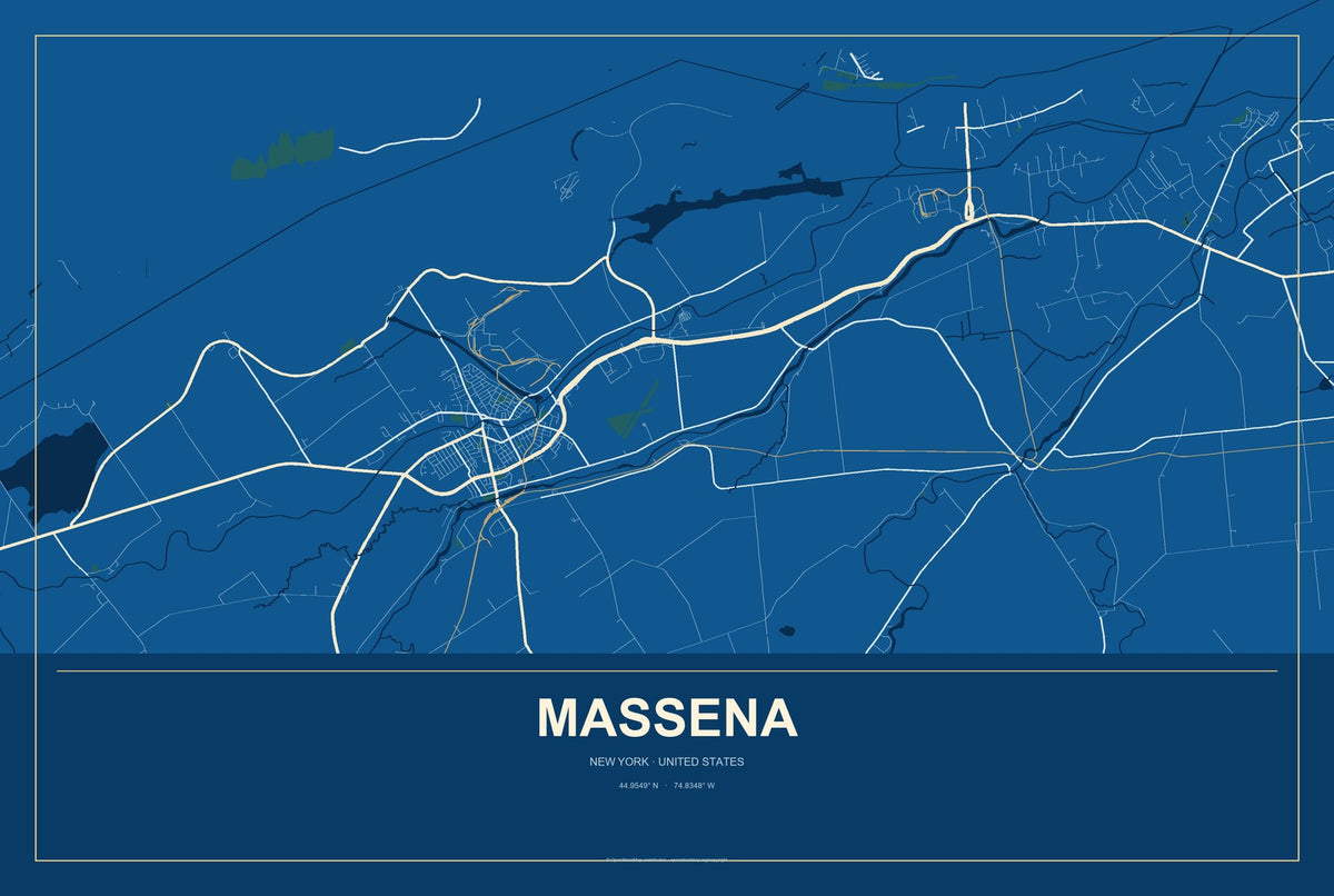 Massena, New York City Map Aluminum Sign in Harbor Cobalt style