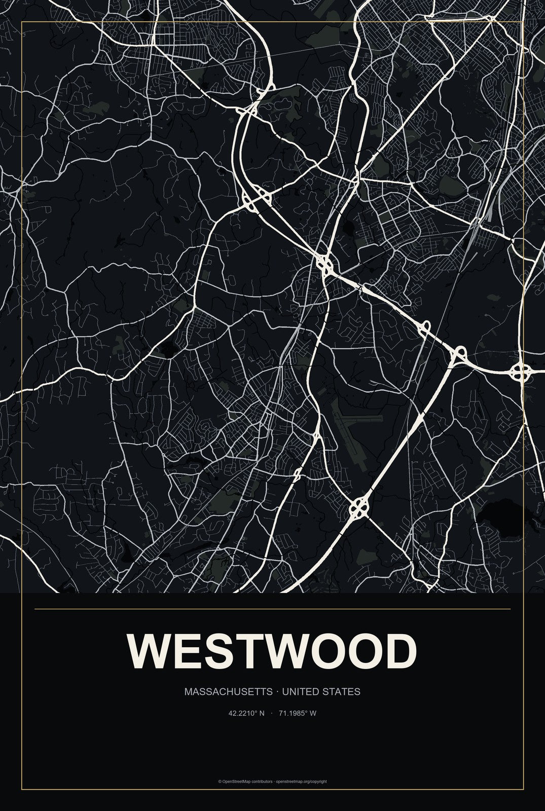 Westwood, Massachusetts City Map Aluminum Sign in Metropolitan Noir style