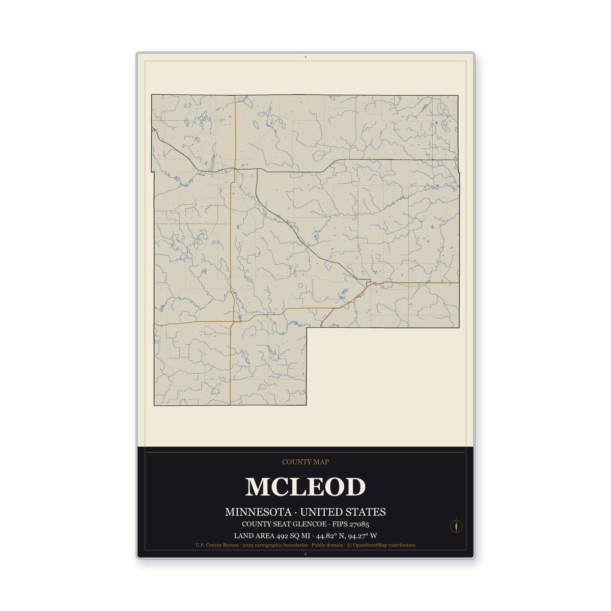 McLeod County, Minnesota Map Aluminum Sign in Museum Plaque style