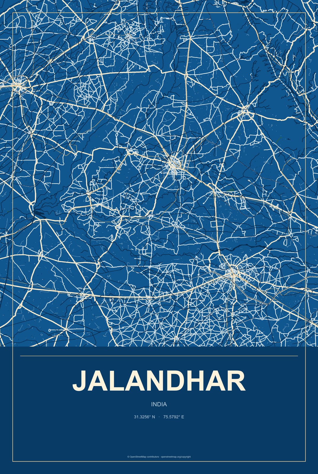 Jalandhar, India City Map Aluminum Sign in Harbor Cobalt style