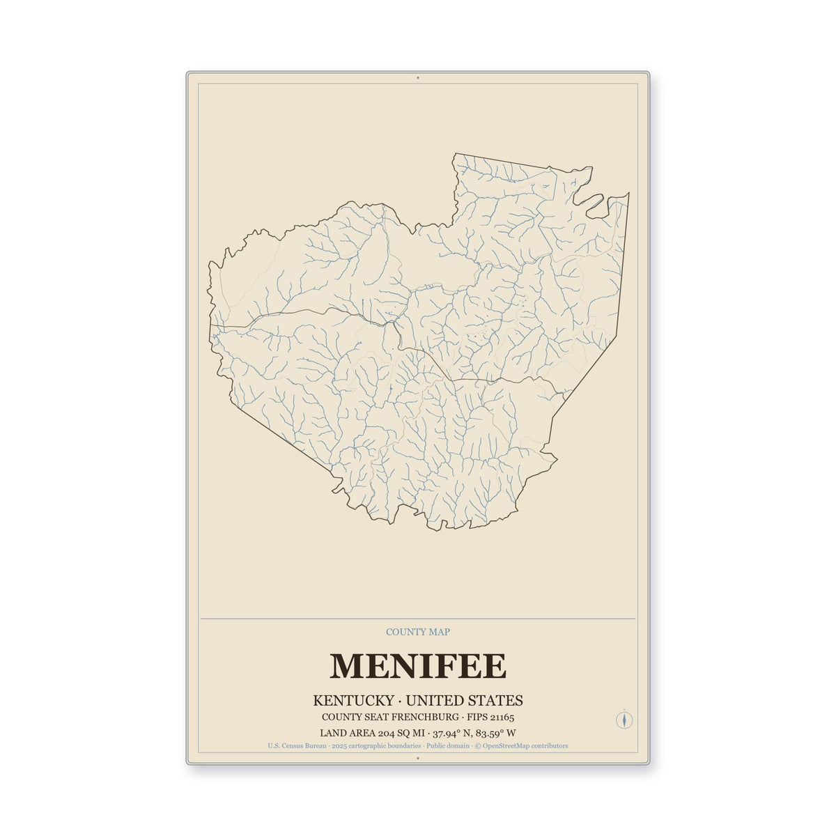 Menifee County, Kentucky Map Aluminum Sign in Heritage Nautical style