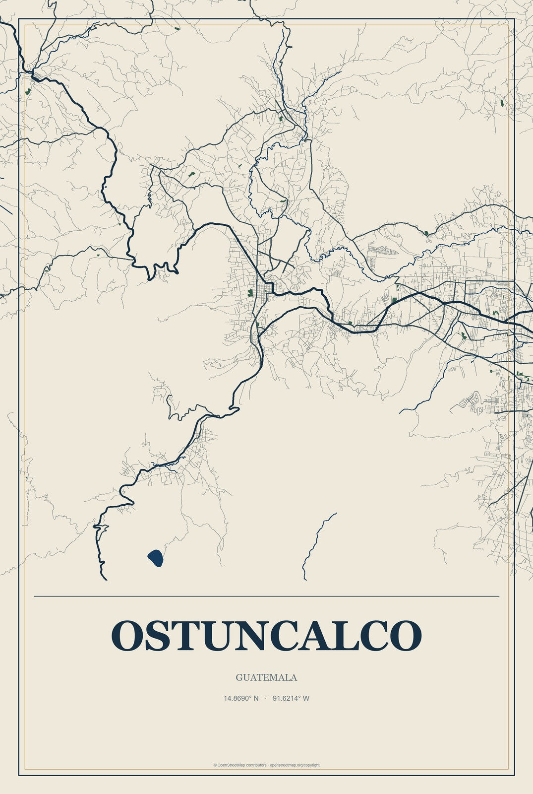 Ostuncalco, Guatemala City Map Aluminum Sign in Coastal Cutout style