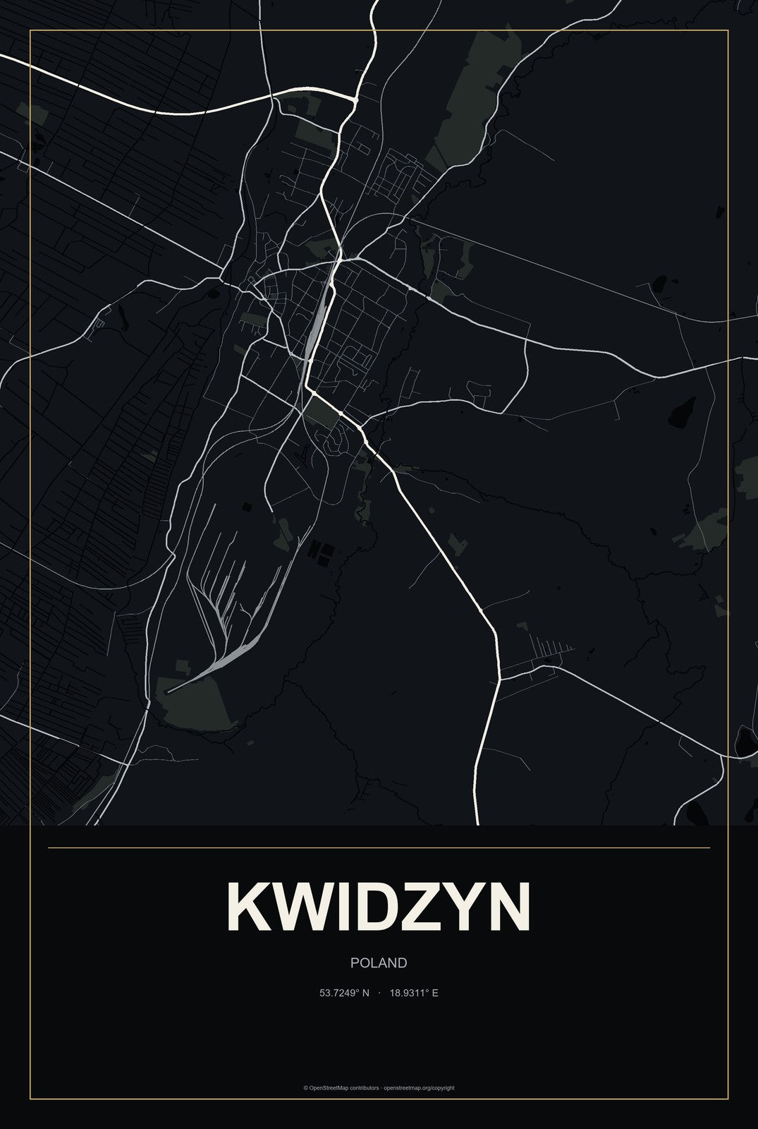 Kwidzyn, Poland City Map Aluminum Sign in Metropolitan Noir style
