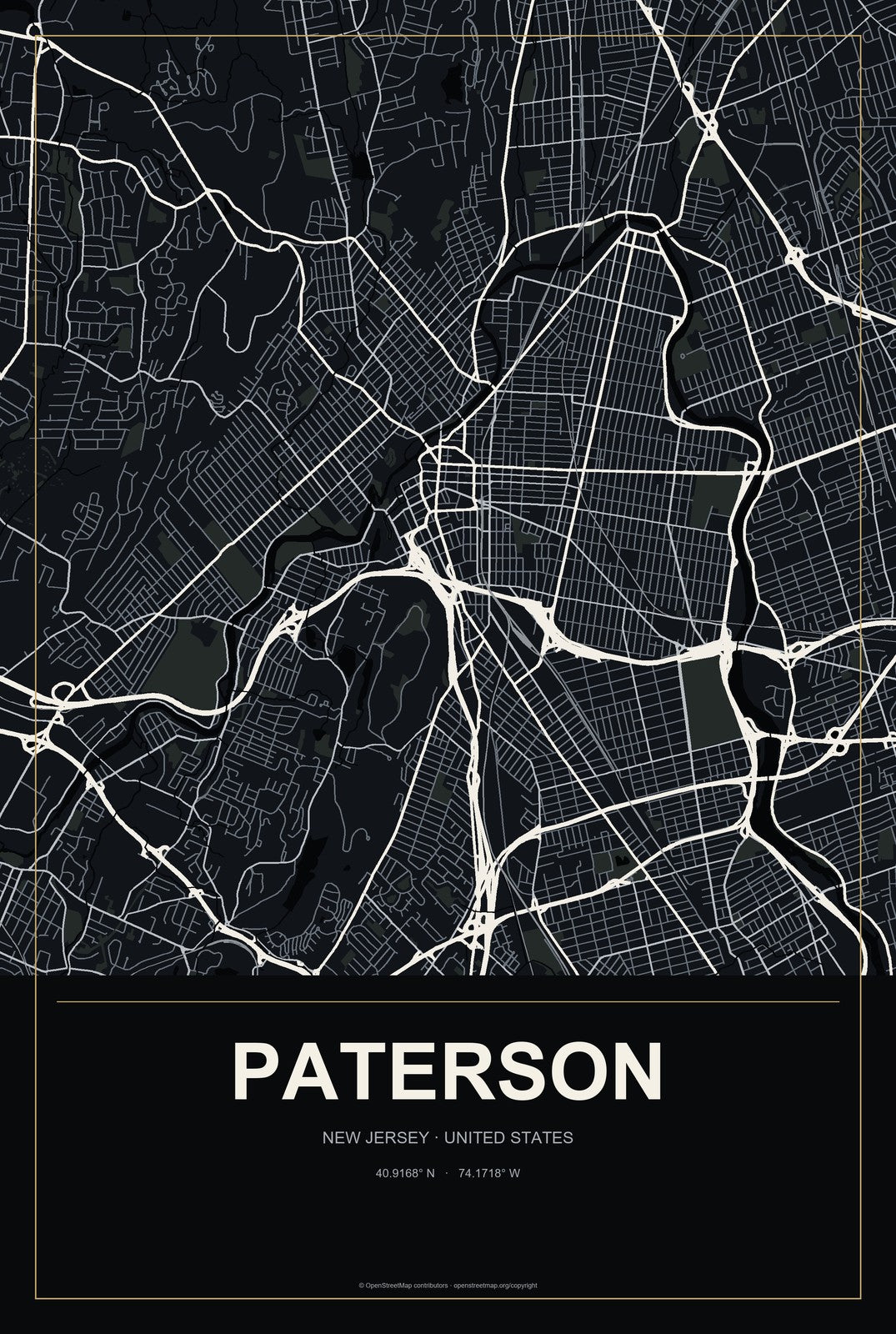 Paterson, New Jersey City Map Aluminum Sign in Metropolitan Noir style