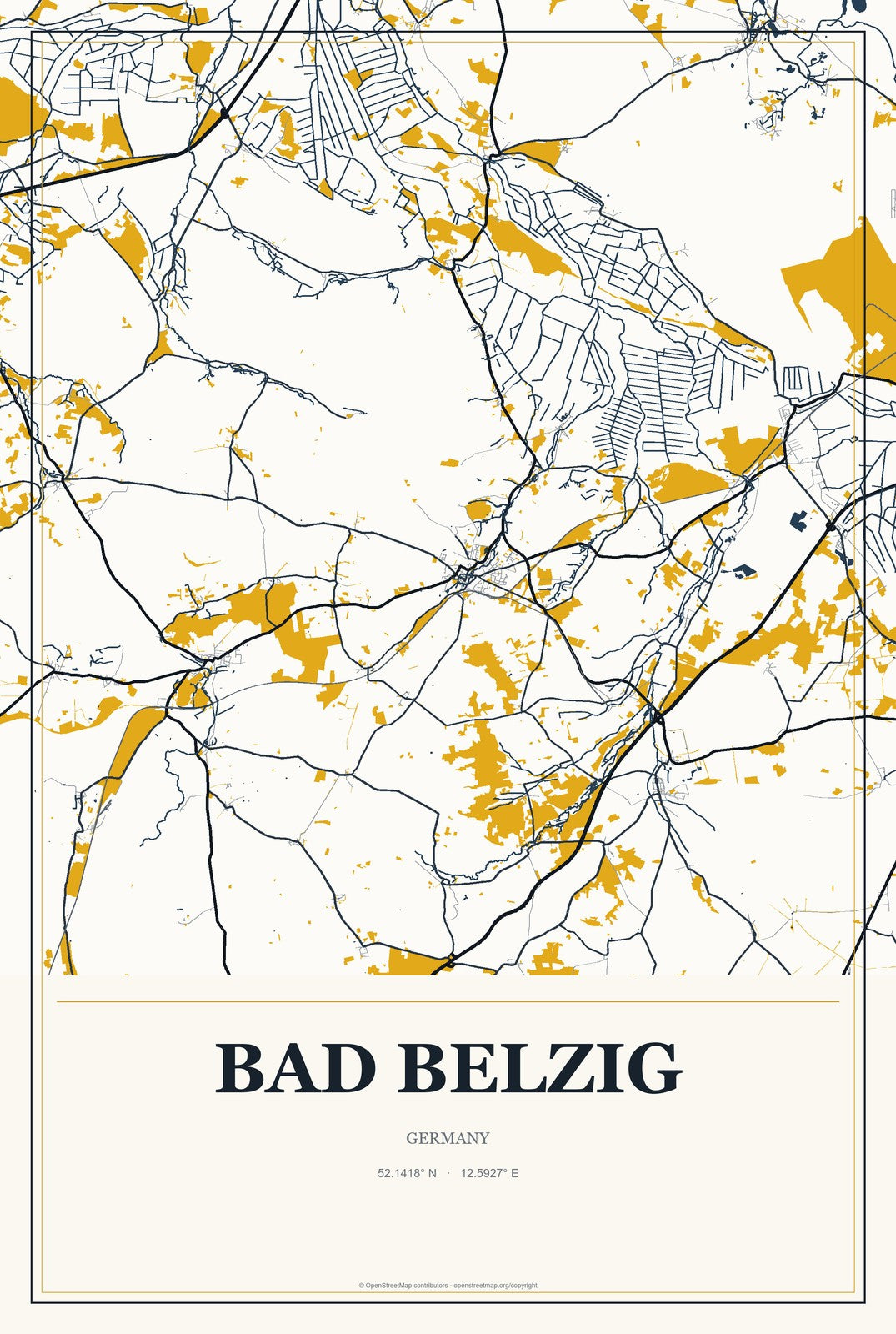 Bad Belzig, Germany City Map Aluminum Sign in Citrine Modern style