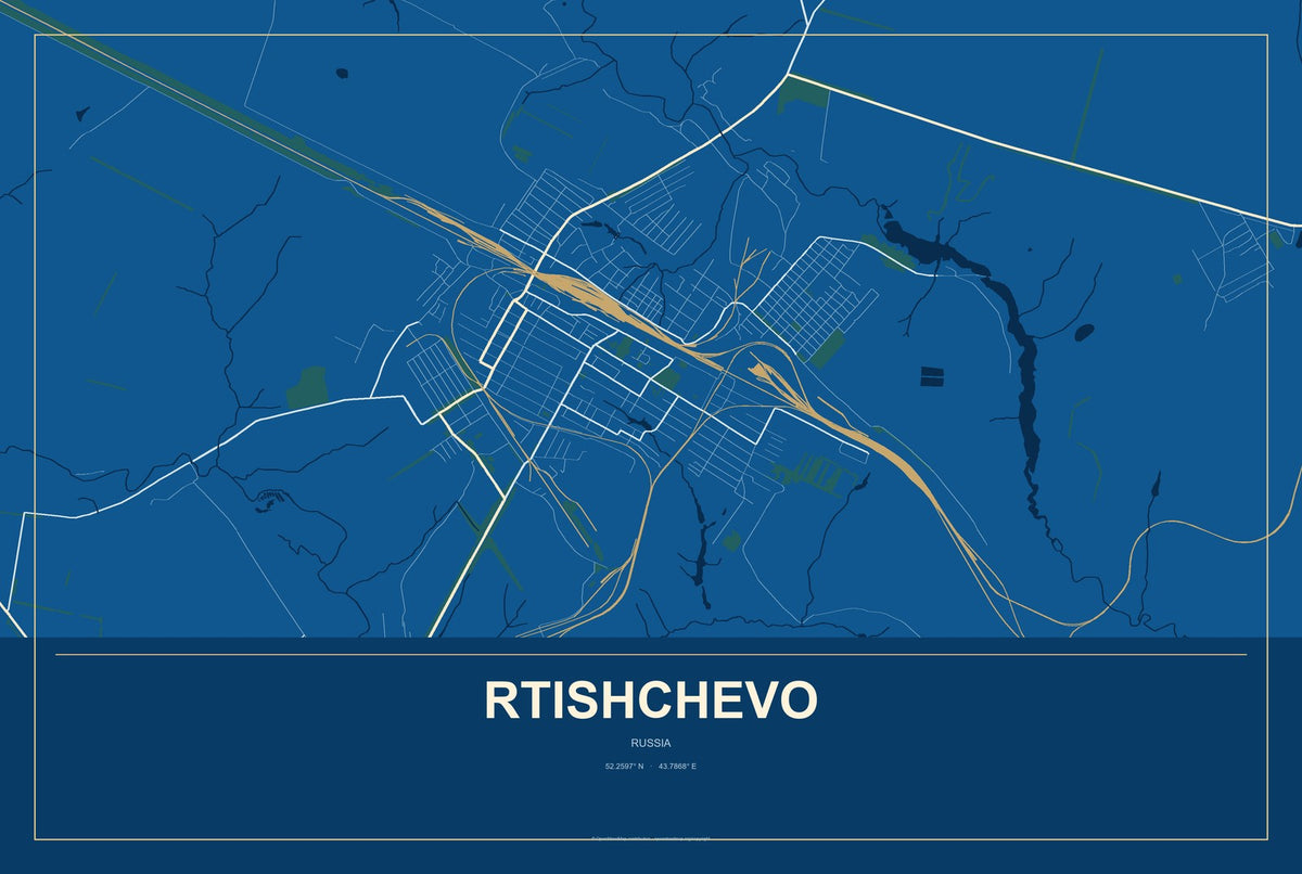 Rtishchevo, Russia City Map Aluminum Sign in Harbor Cobalt style