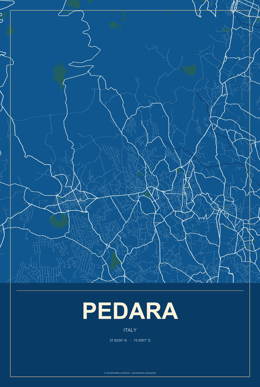 Pedara, Italy City Map Aluminum Sign in Harbor Cobalt style