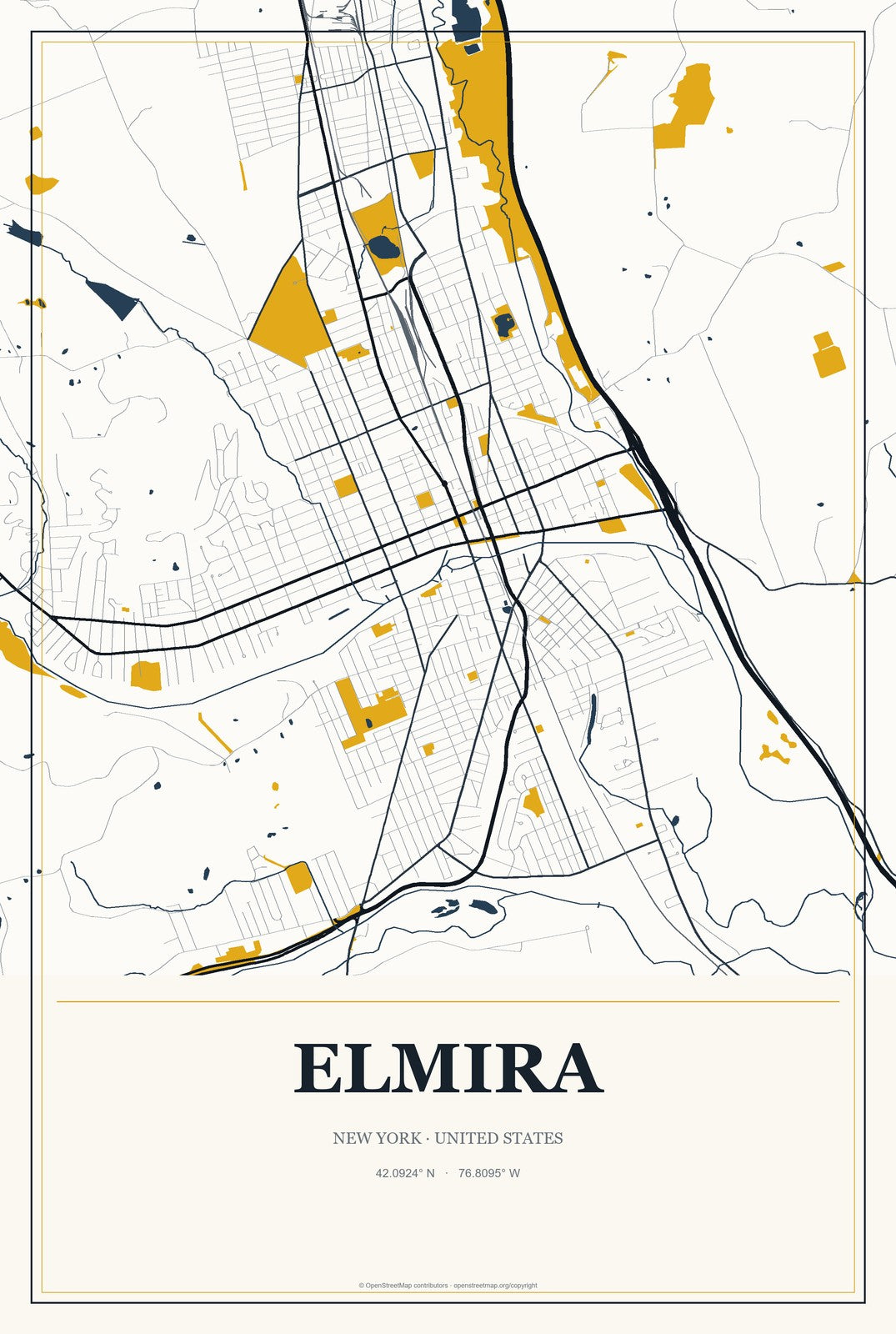 Elmira, New York City Map Aluminum Sign in Citrine Modern style