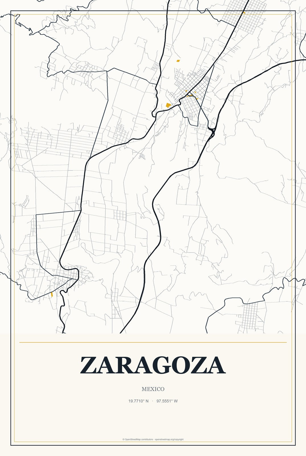 Zaragoza, Coahuila, Mexico City Map Aluminum Sign in Citrine Modern style