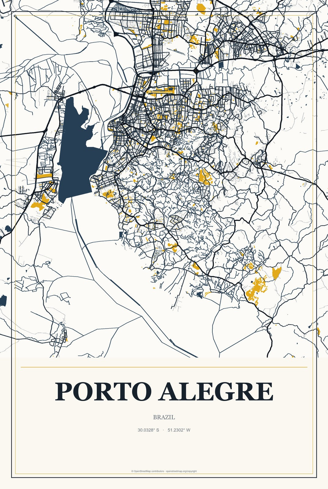 Porto Alegre, Brazil City Map Aluminum Sign in Citrine Modern style