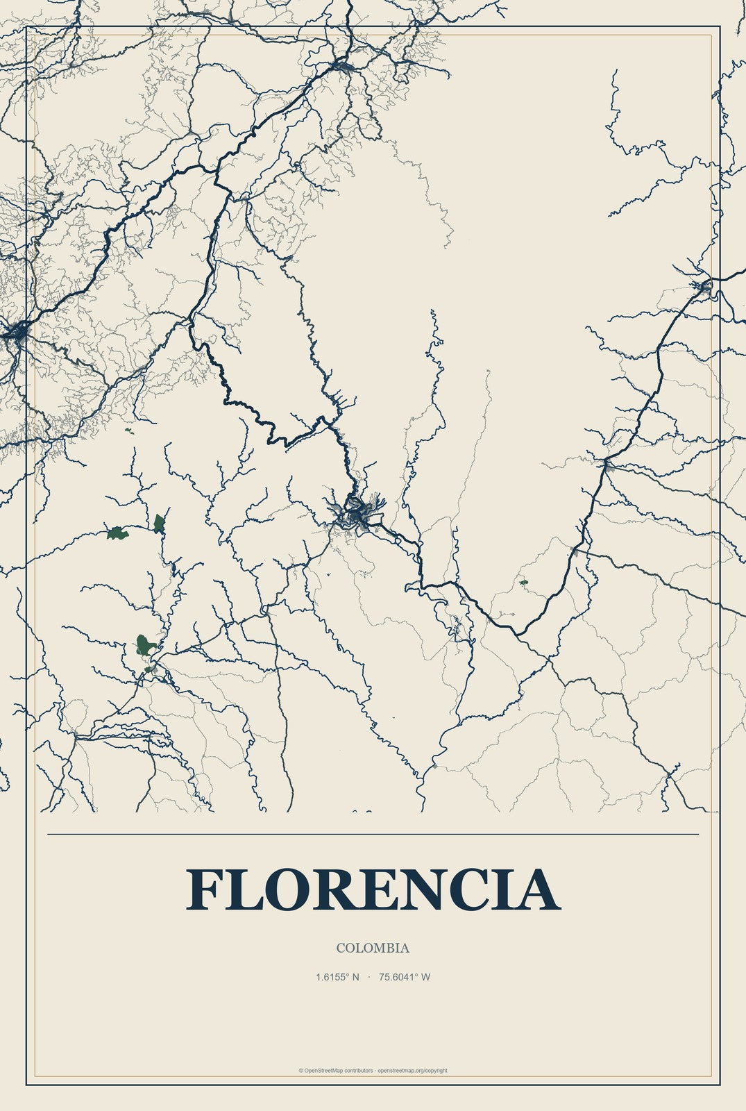 Florencia, Colombia City Map Aluminum Sign in Coastal Cutout style