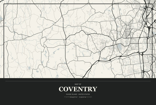 Coventry, Rhode Island City Map Aluminum Sign in Museum Plaque style
