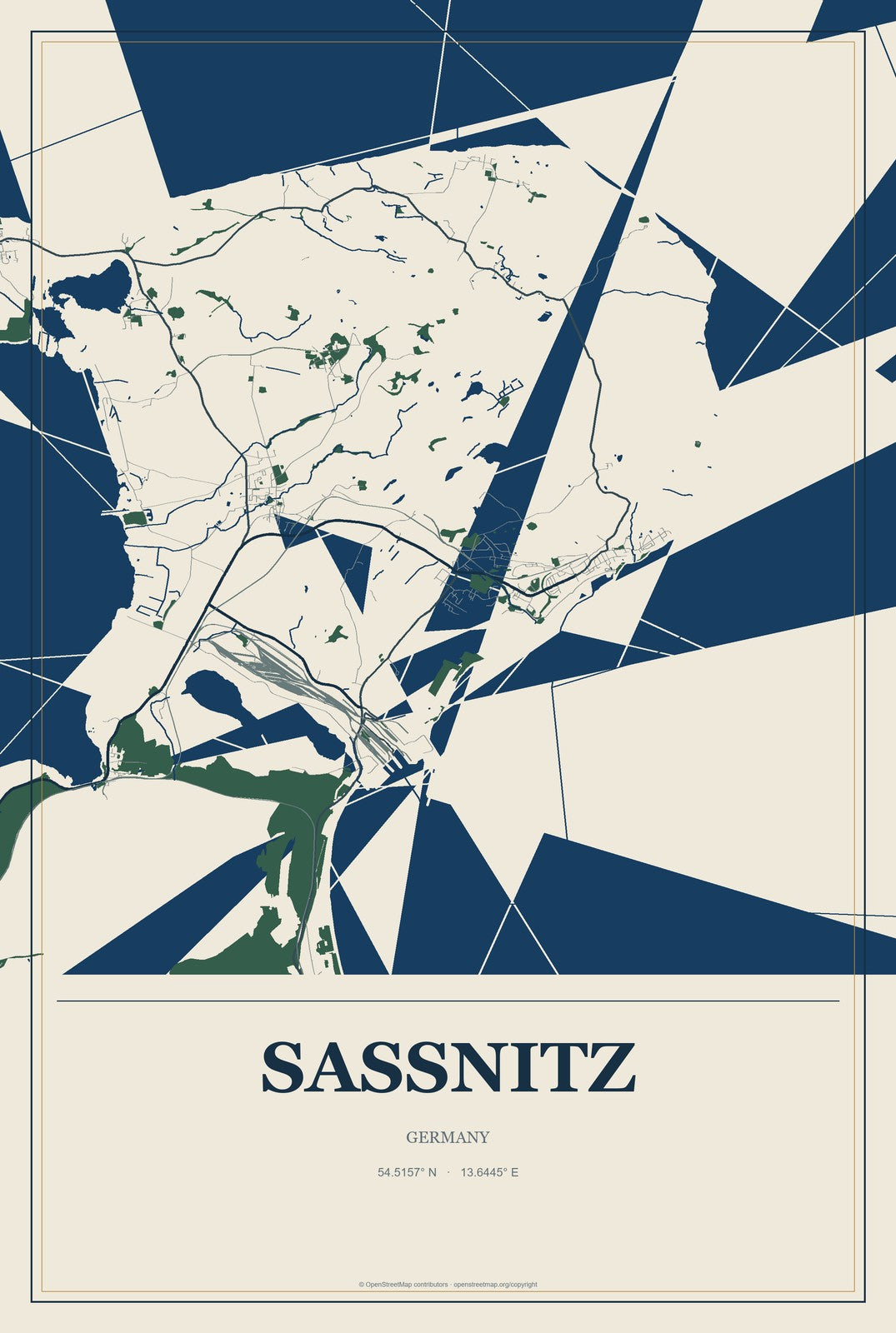 Sassnitz, Germany City Map Aluminum Sign in Coastal Cutout style