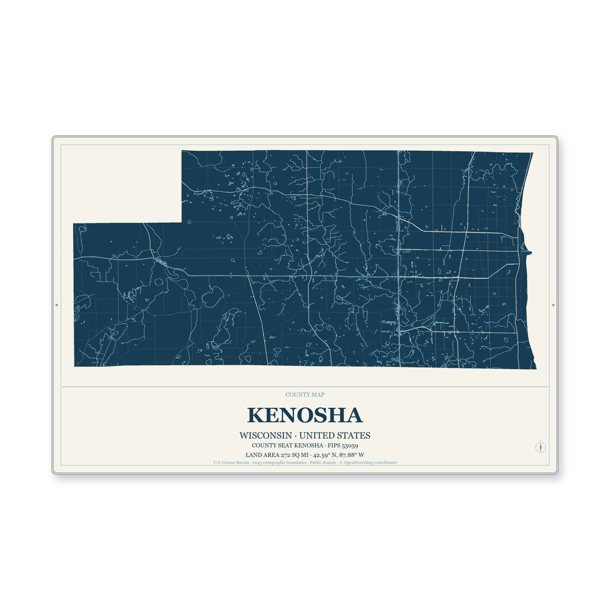 Kenosha County, Wisconsin Map Aluminum Sign in Coastal Cutout style