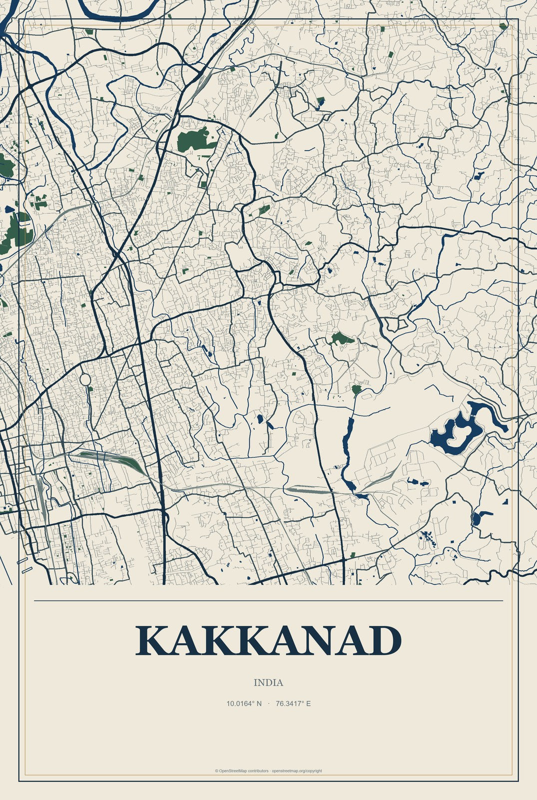 Kakkanad, India City Map Aluminum Sign in Coastal Cutout style