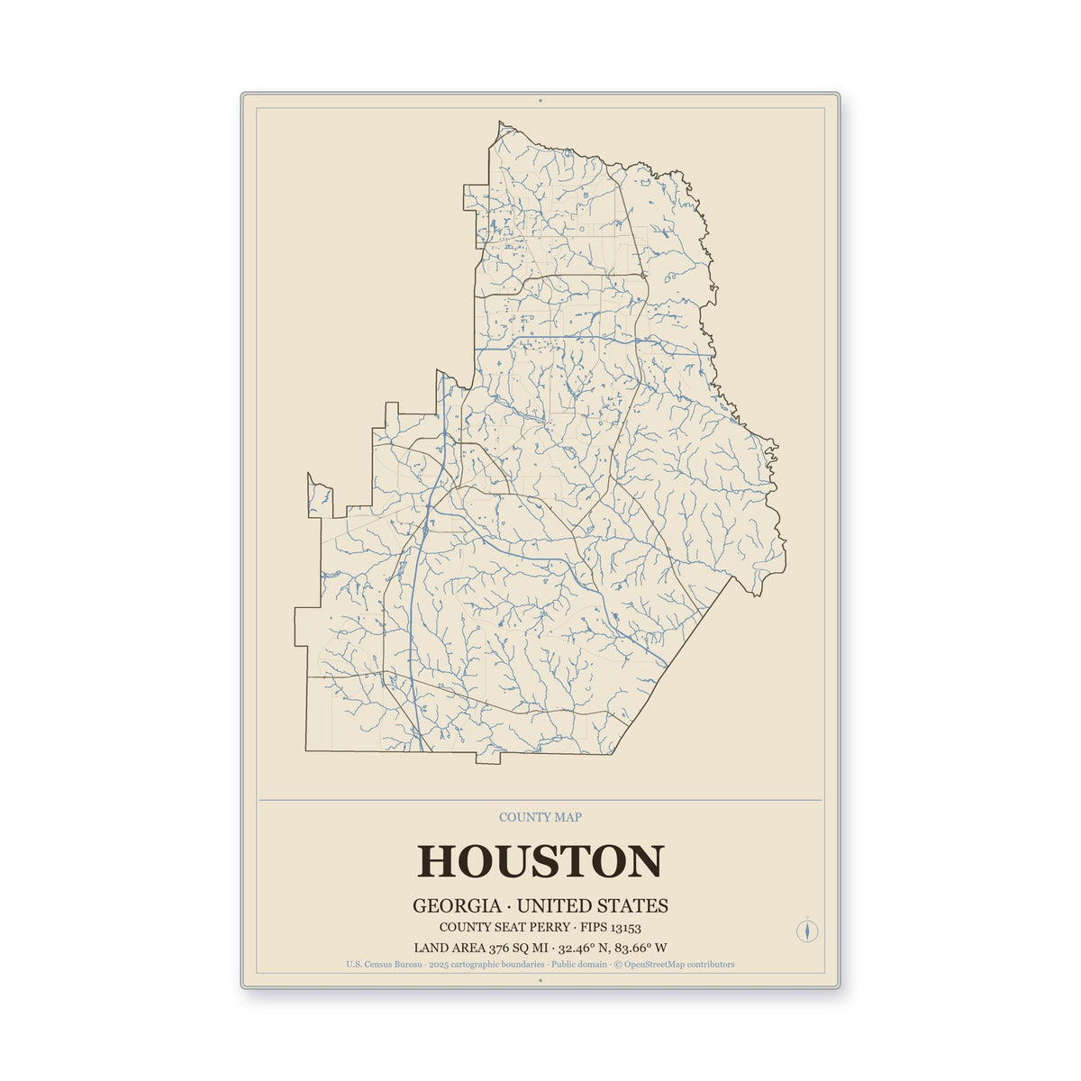 Houston County, Georgia Map Aluminum Sign in Heritage Nautical style