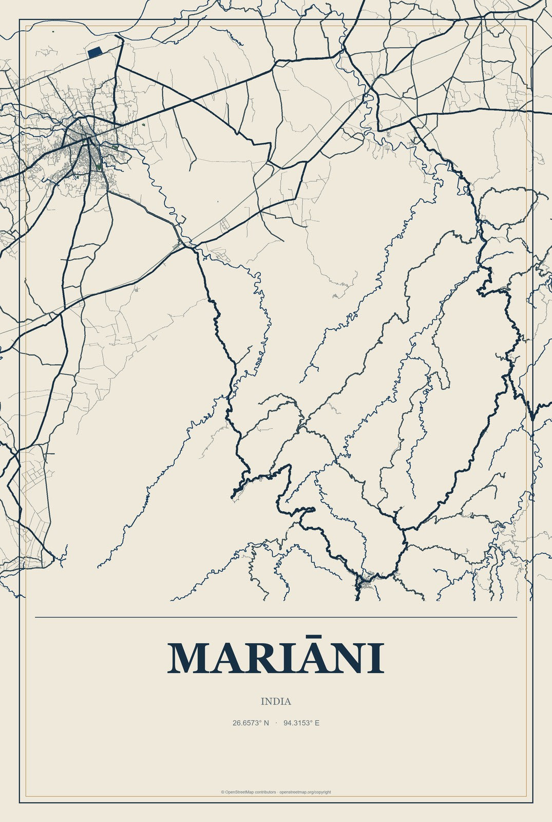 Mariāni, India City Map Aluminum Sign in Coastal Cutout style