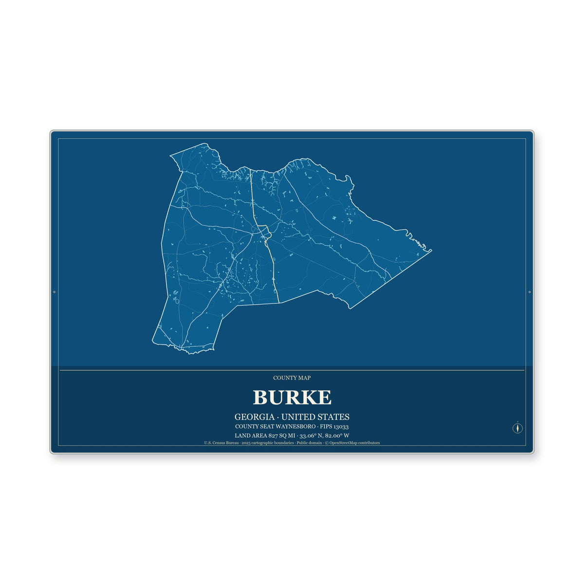 Burke County, Georgia Map Aluminum Sign in Harbor Cobalt style