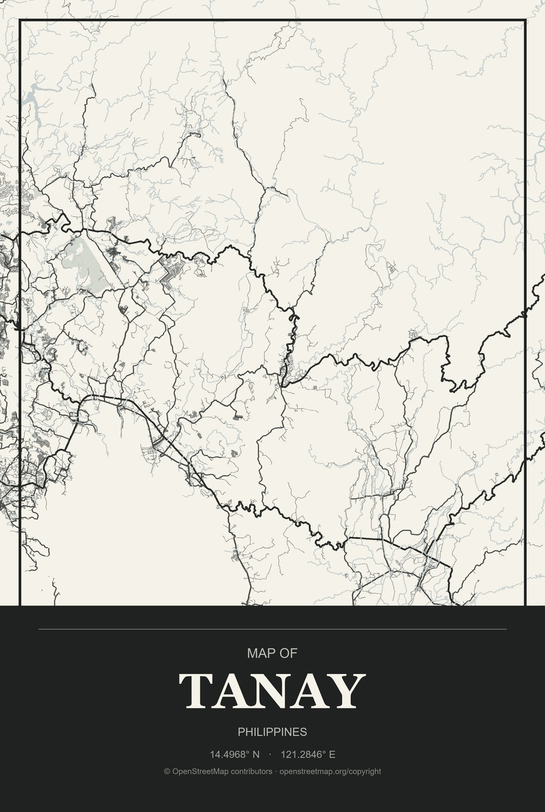 Tanay, Philippines City Map Aluminum Sign in Museum Plaque style