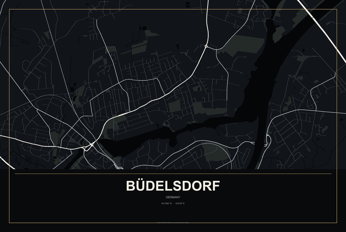 Büdelsdorf, Germany City Map Aluminum Sign in Metropolitan Noir style