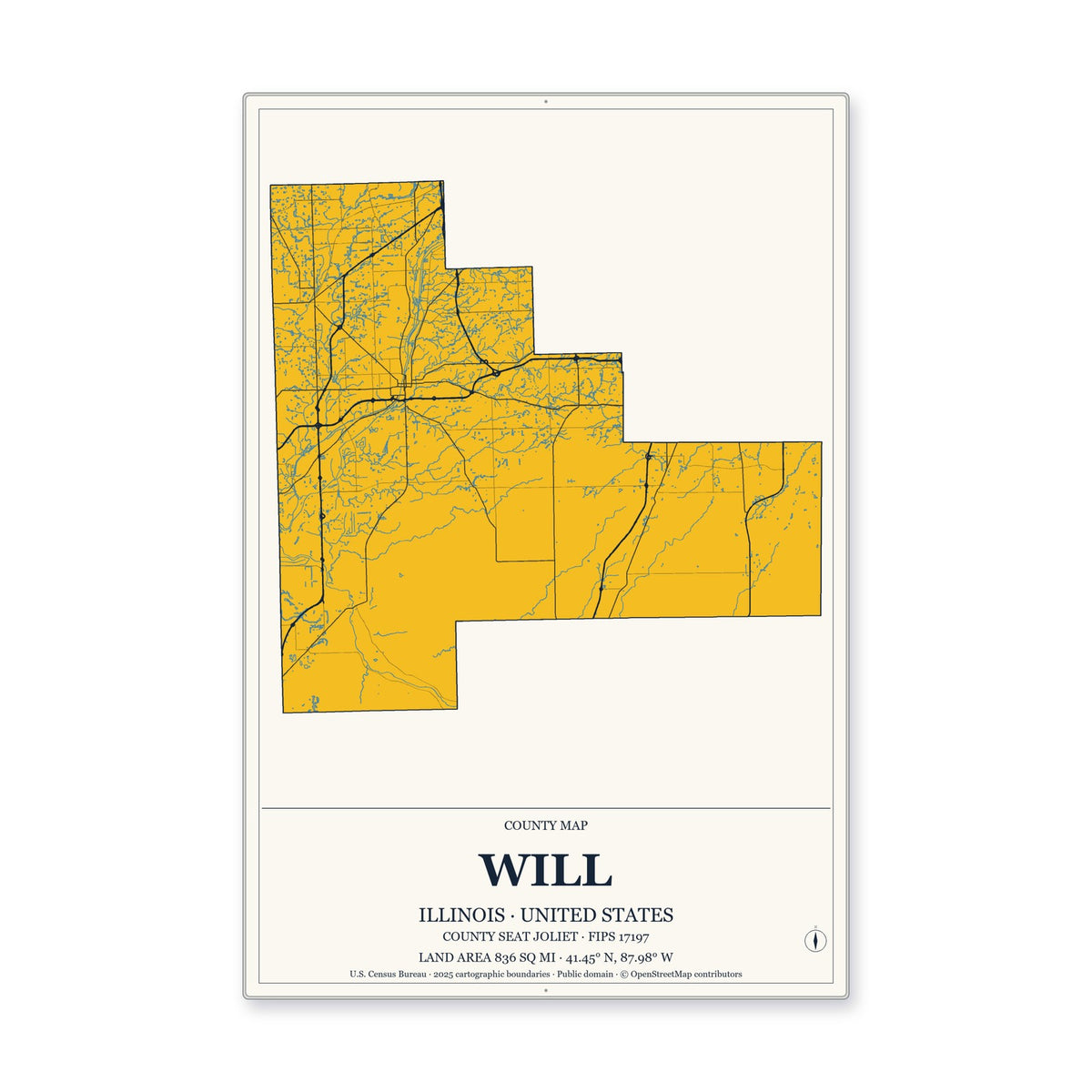 Will County, Illinois Map Aluminum Sign in Citrine Modern style