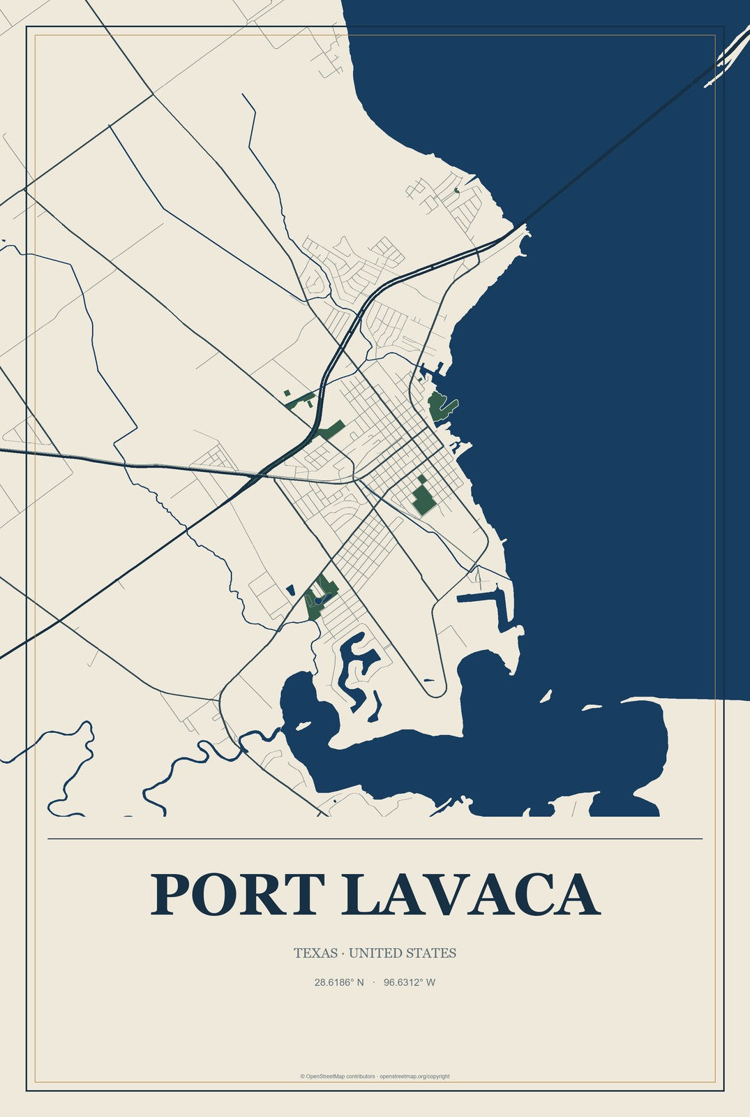Port Lavaca, Texas City Map Aluminum Sign in Coastal Cutout style