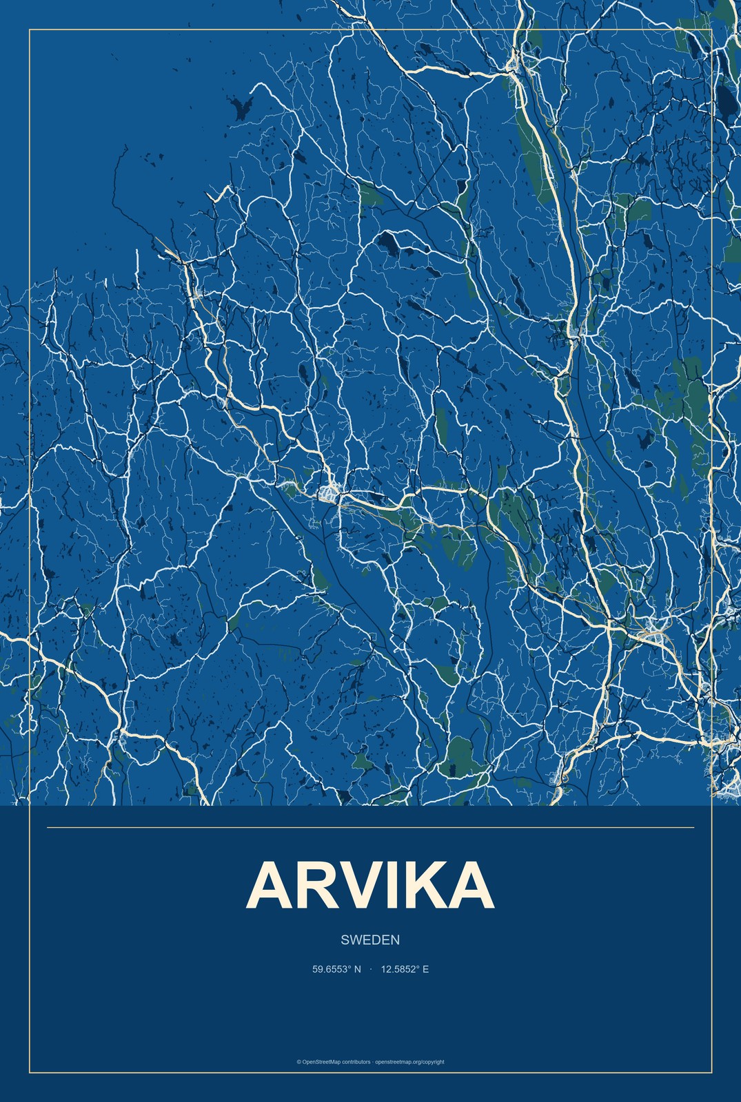 Arvika, Sweden City Map Aluminum Sign in Harbor Cobalt style