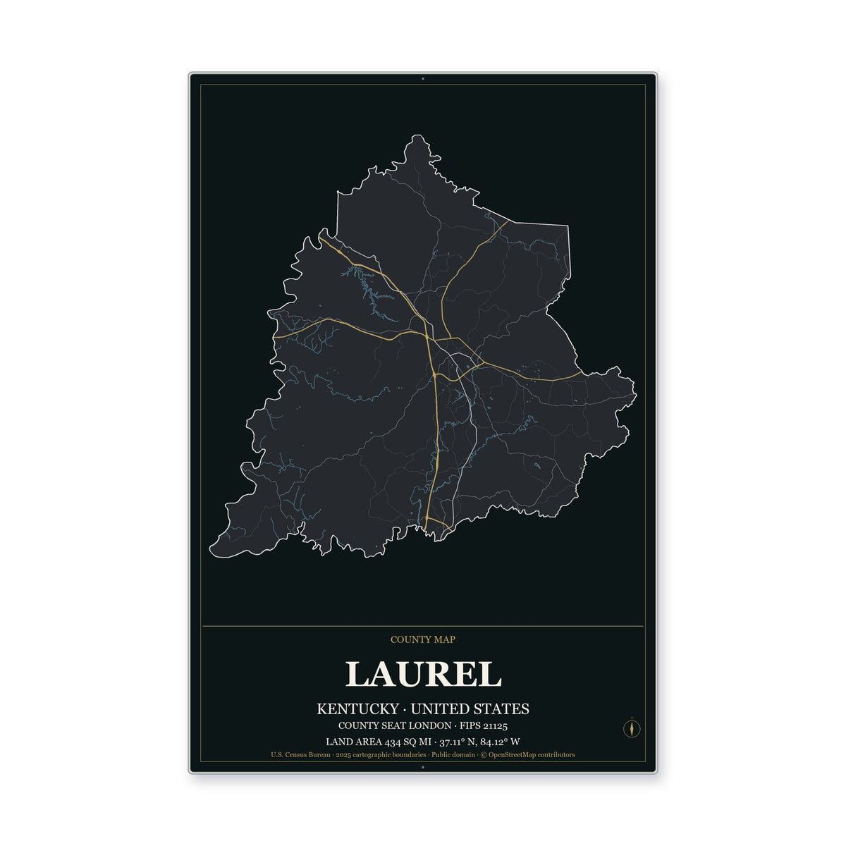 Laurel County, Kentucky Map Aluminum Sign in Metropolitan Noir style
