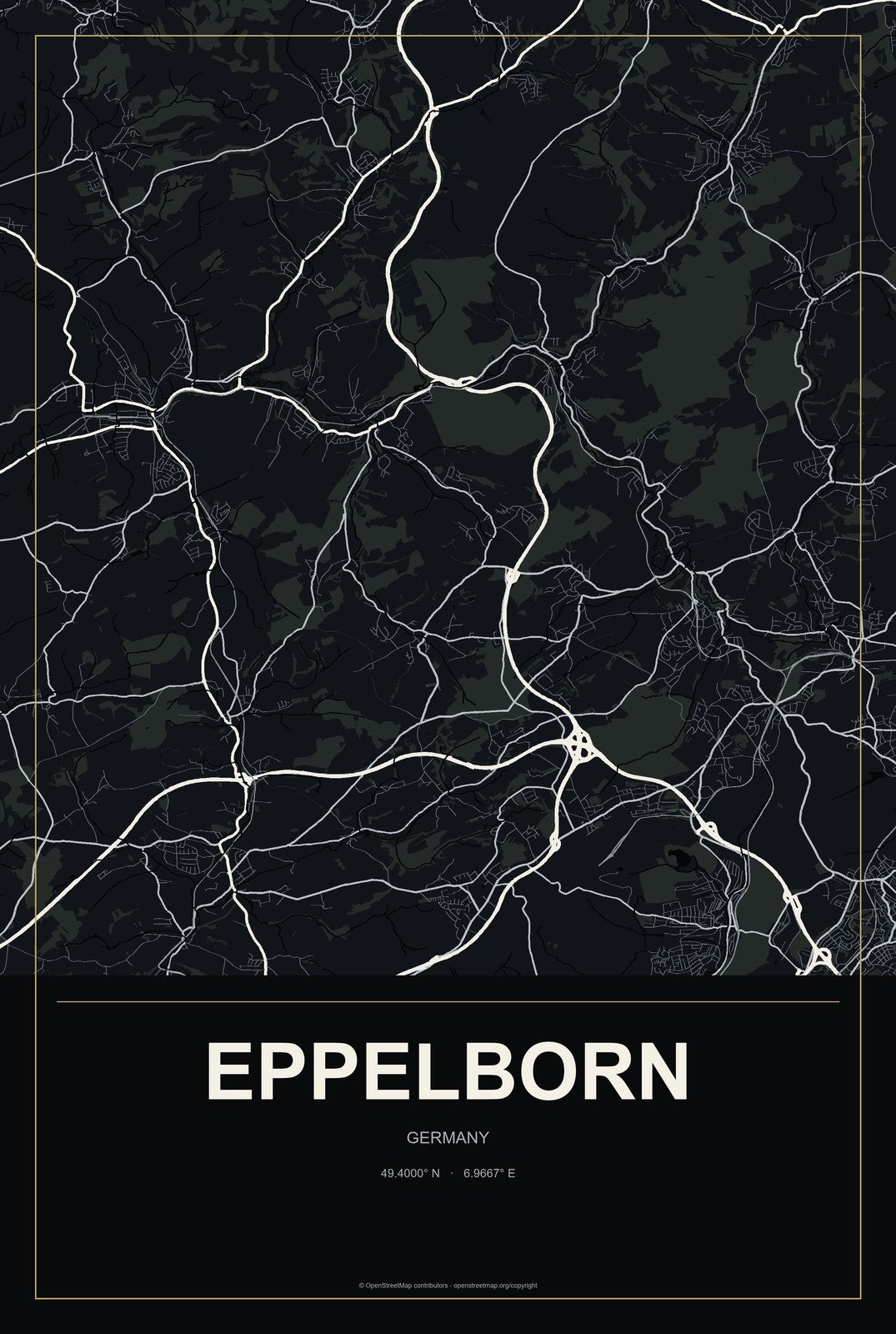 Eppelborn, Germany City Map Aluminum Sign in Metropolitan Noir style