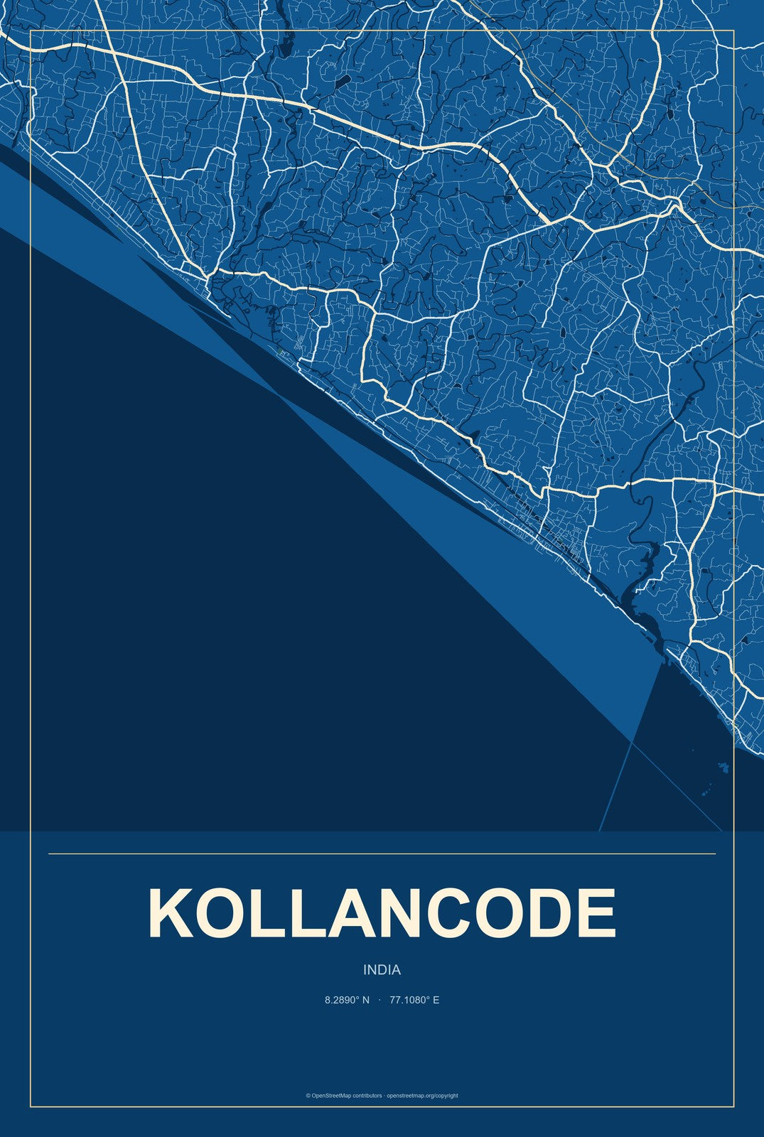 Kollancode, India City Map Aluminum Sign in Harbor Cobalt style