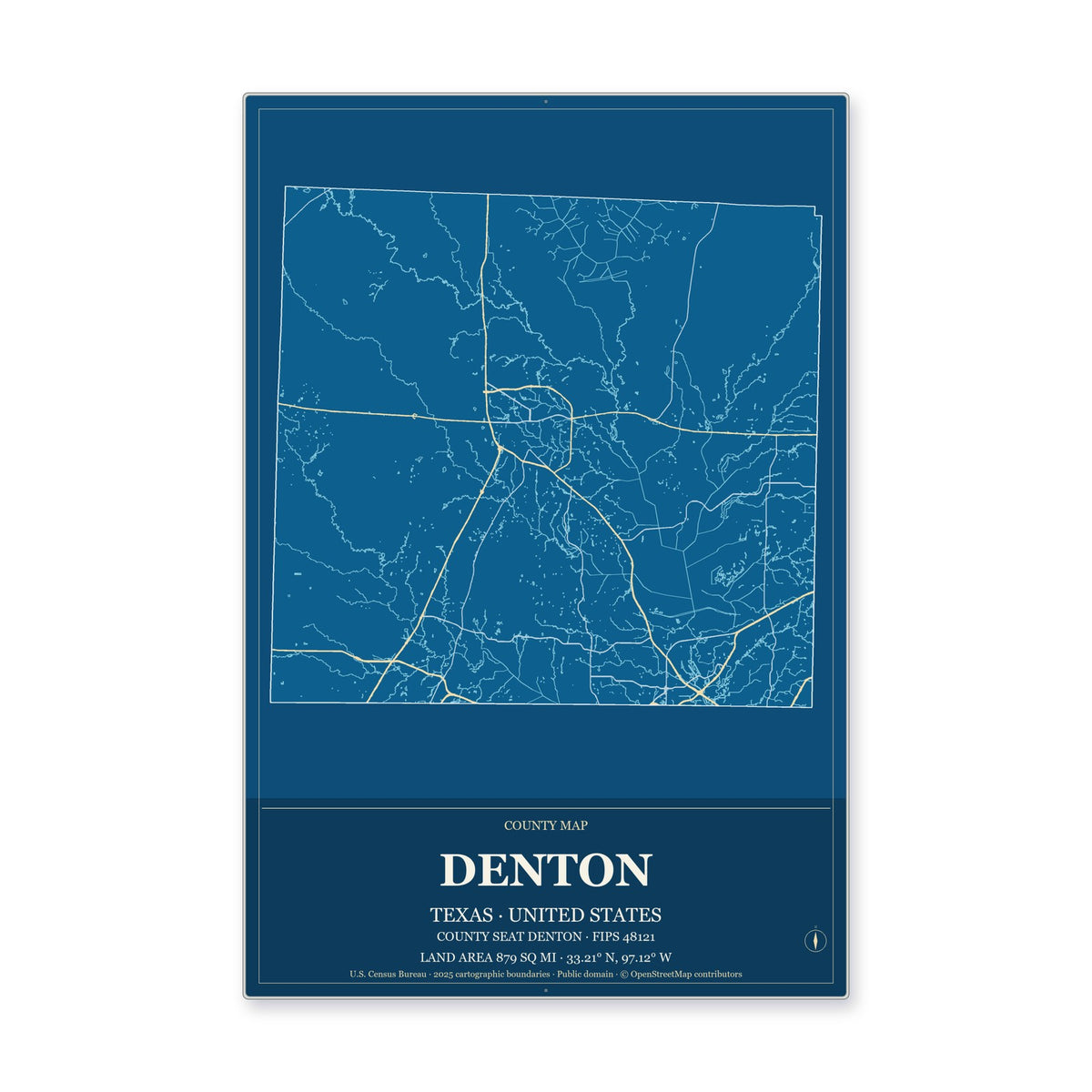 Denton County, Texas Map Aluminum Sign in Harbor Cobalt style