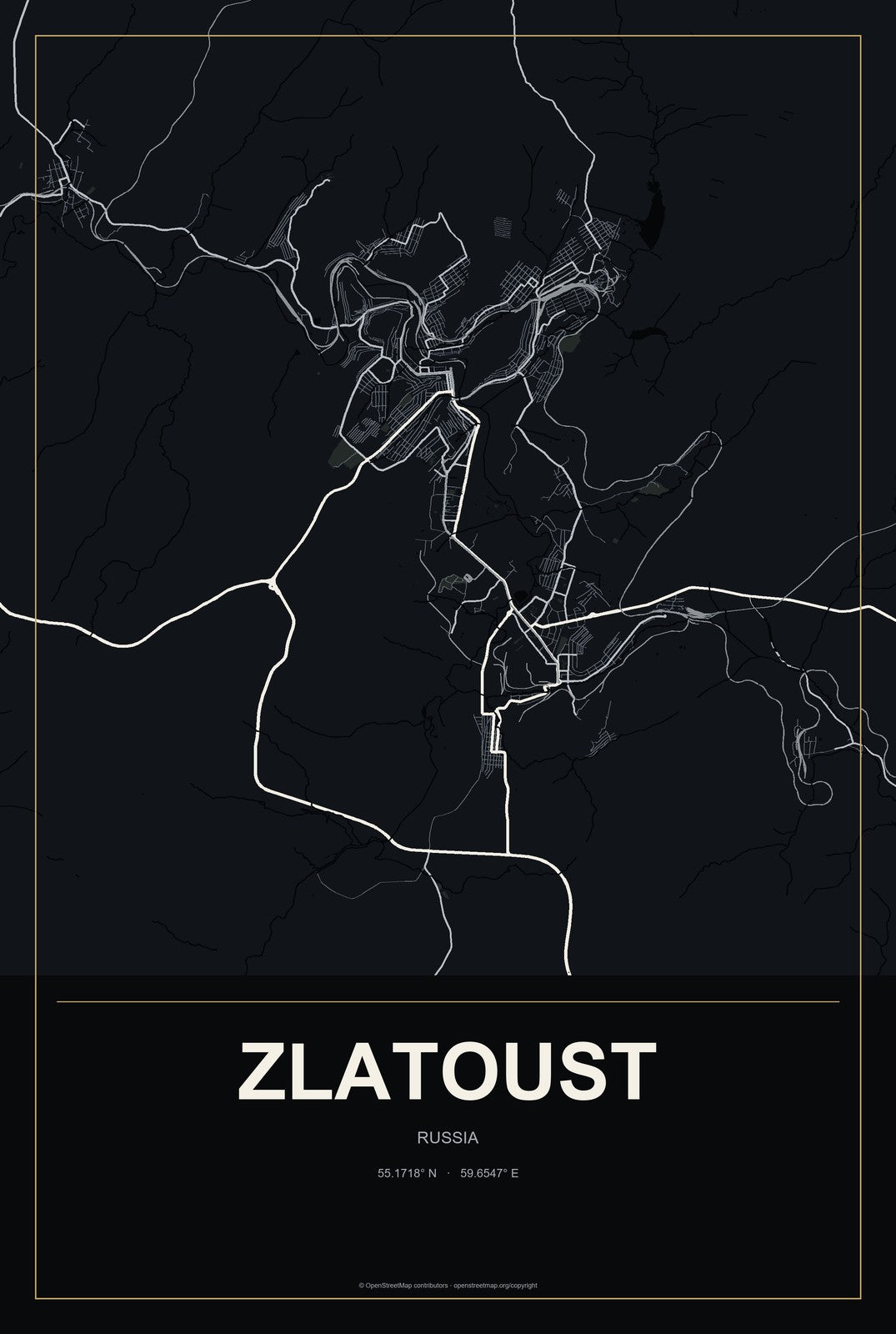 Zlatoust, Russia City Map Aluminum Sign in Metropolitan Noir style