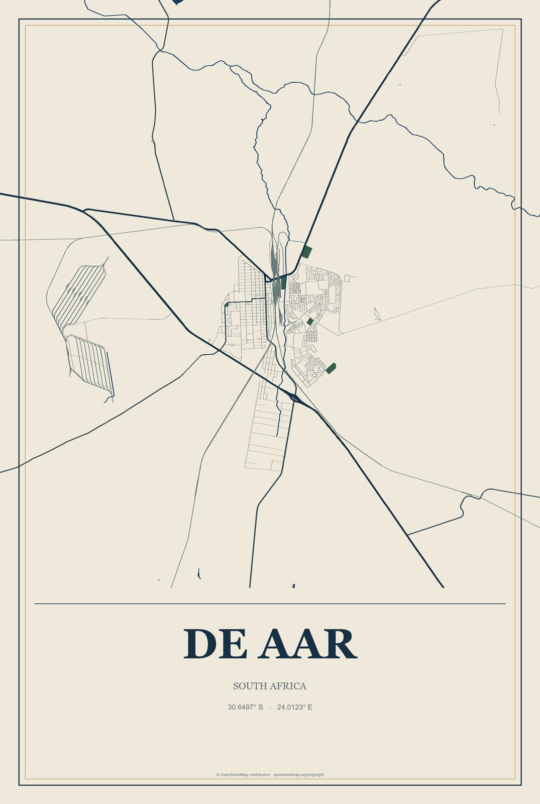 De Aar, South Africa City Map Aluminum Sign in Coastal Cutout style